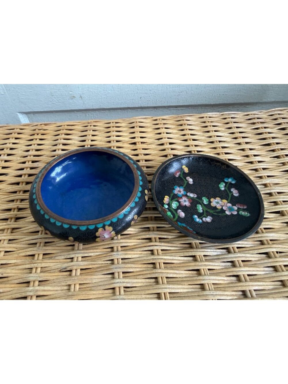 Vintage 1930s Chinese Cloisonne Enamel Small Bowl and Trinket Dish Black Floral